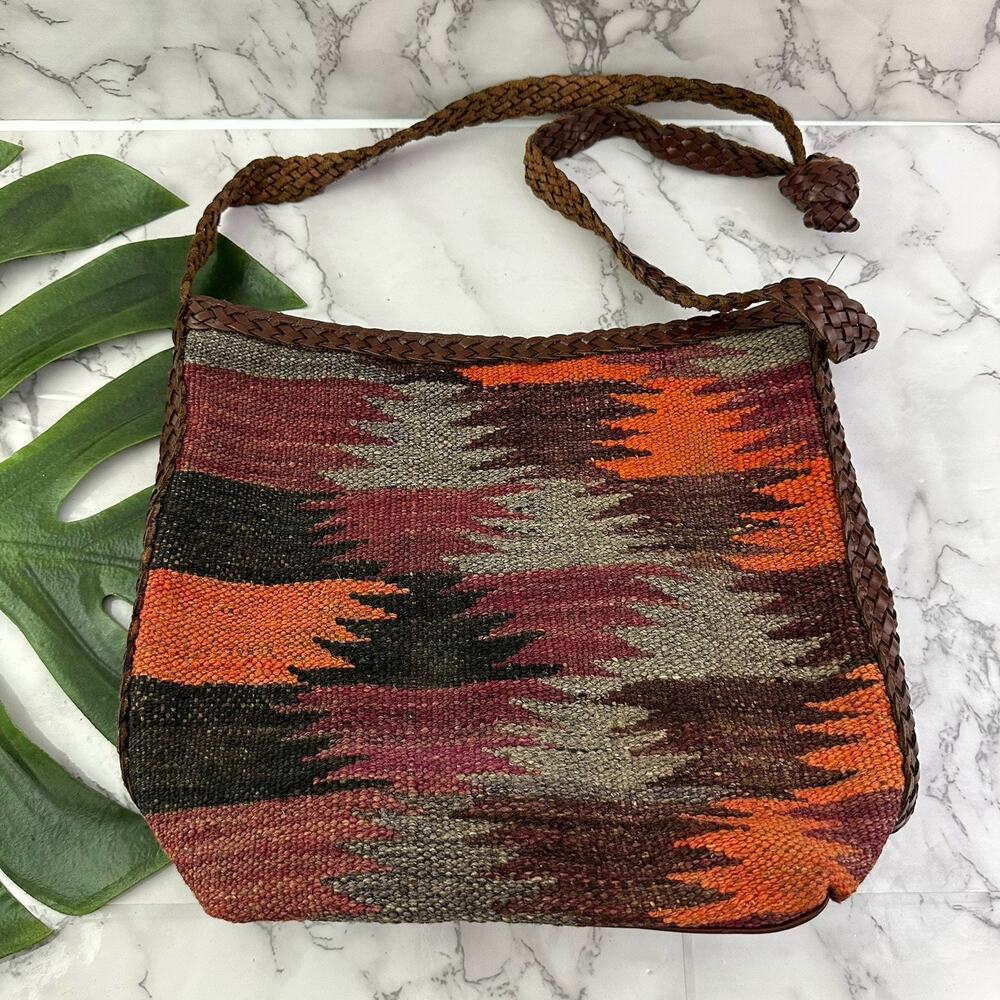 L J Simone Vintage Wool Kilim Southwestern Tapestry Purse Shoulder Bag Leather